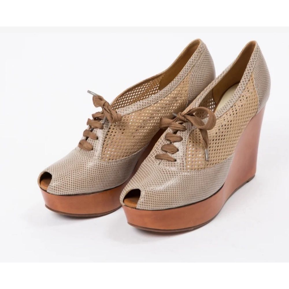 Rochas perforated snakeskin leather wood platform wedge heels
